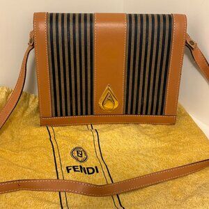 Fendi Vintage Leather Striped Handbag Flap Top Tan and black